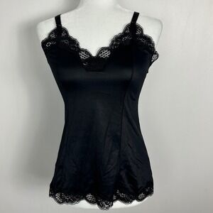 Vintage Y2K Deadstock Lace Trim Black Tank Top‎ Satin Womens Size Medium 90s NEW